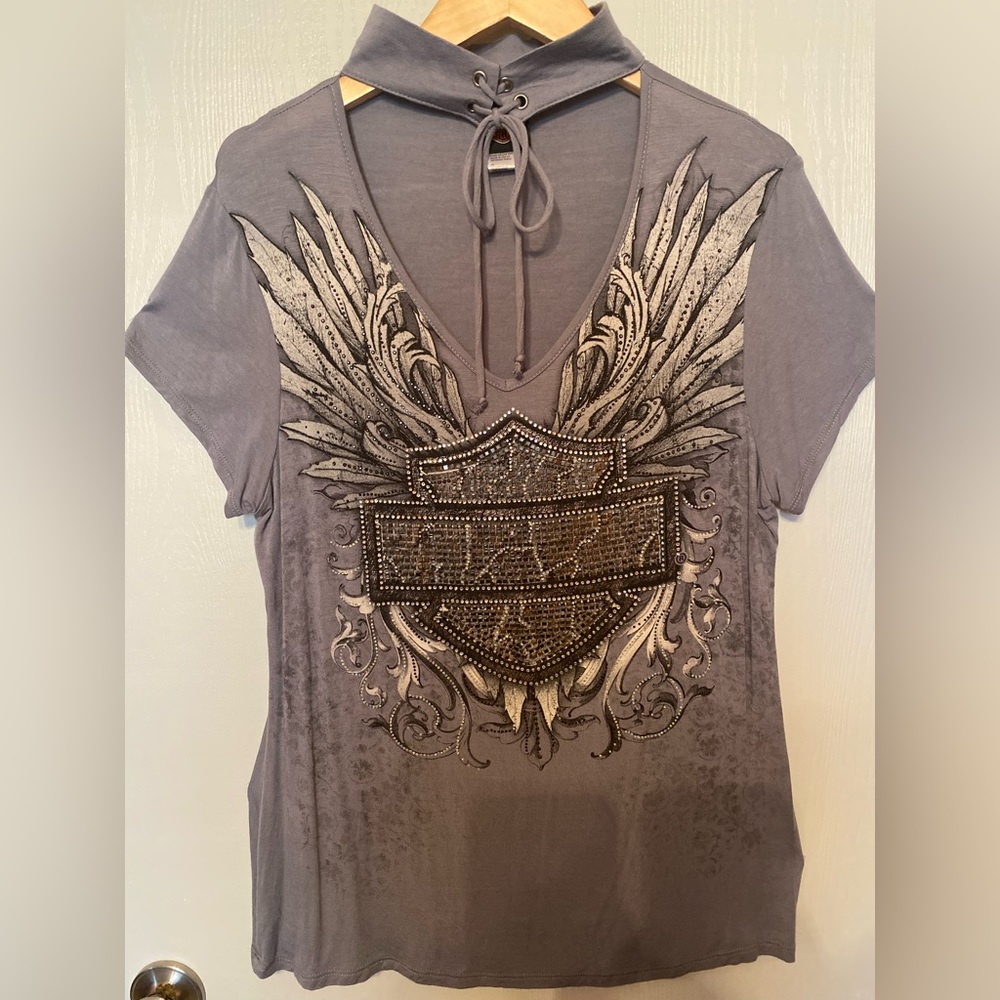 Harley Davidson Stylish Blue-Grey Women's Top with Embellished Design